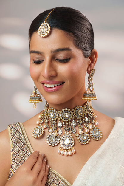 Kundan & Polki Tassel Drops Necklace Set 