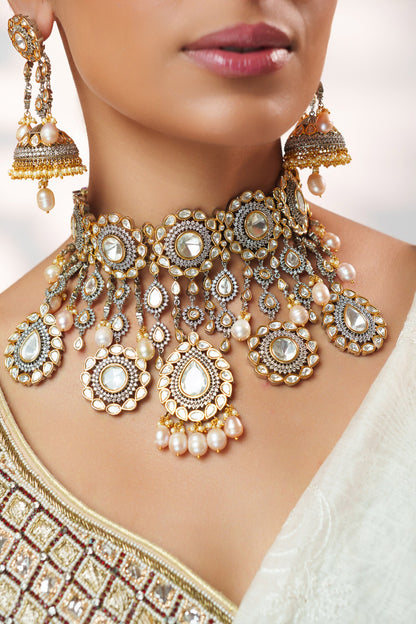 Kundan & Polki Tassel Drops Necklace Set 