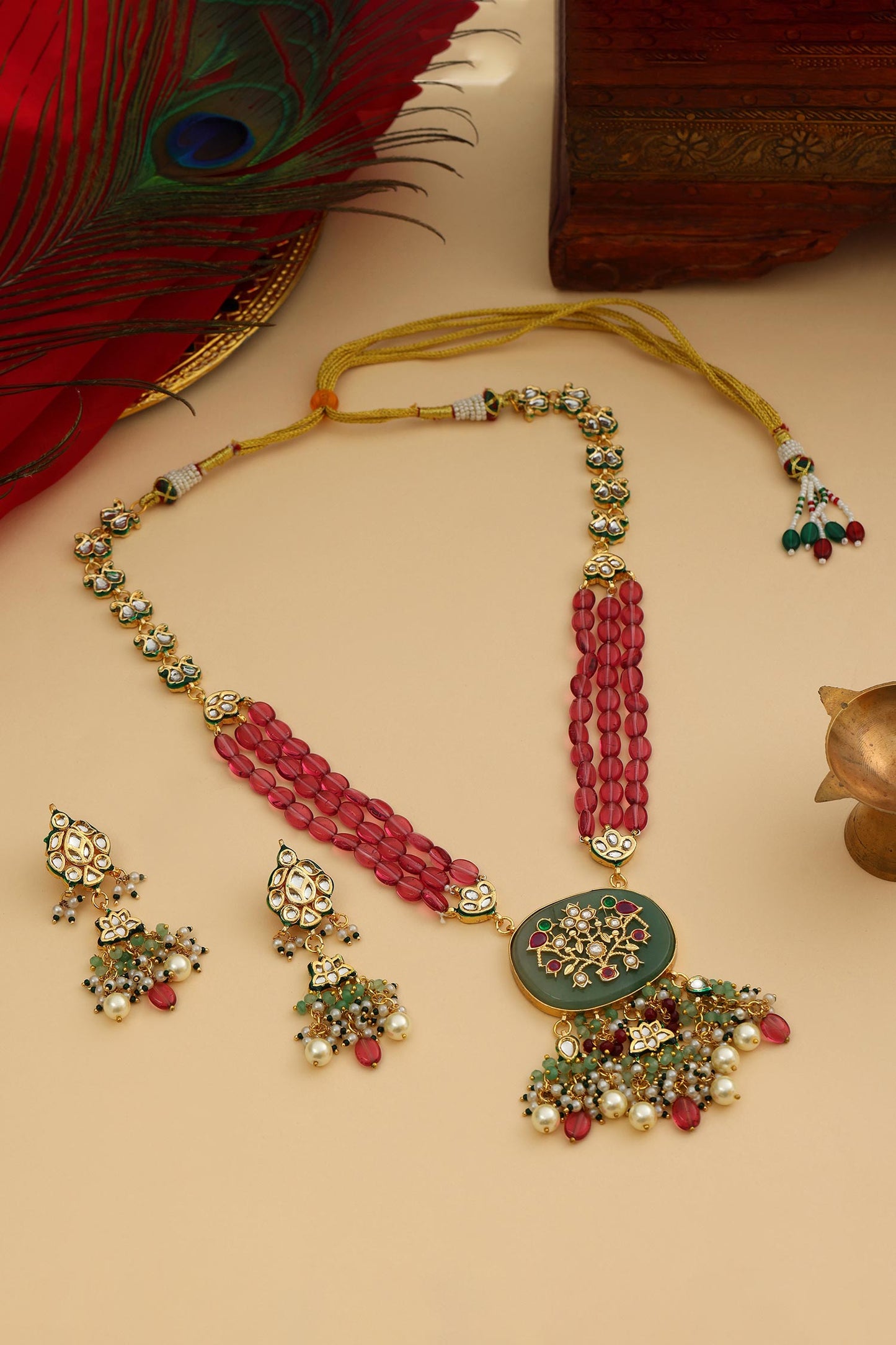 Long Multi Kundan Necklace With Earrings 