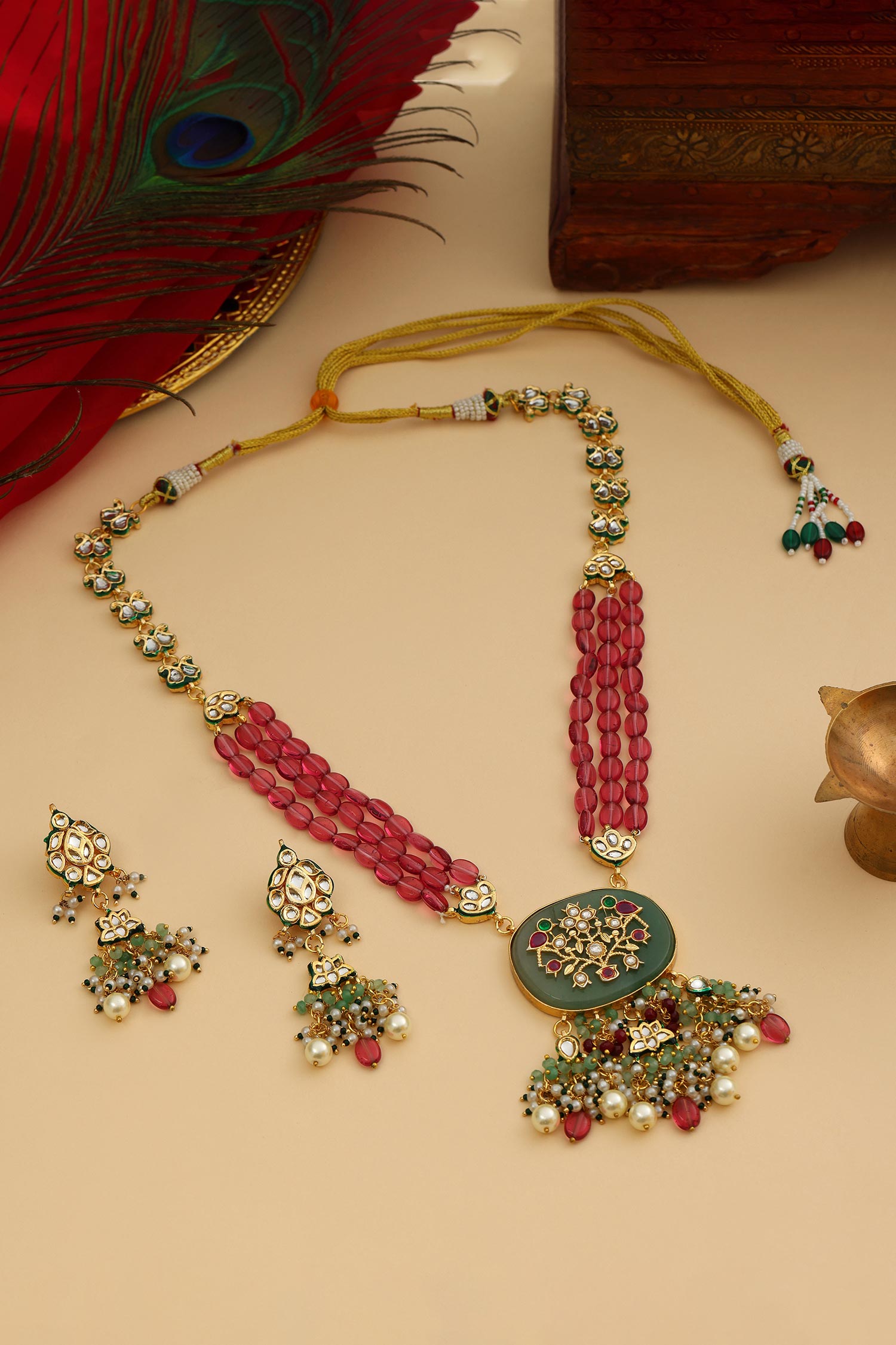 Long Multi Kundan Necklace With Earrings 