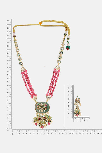 Long Multi Kundan Necklace With Earrings 