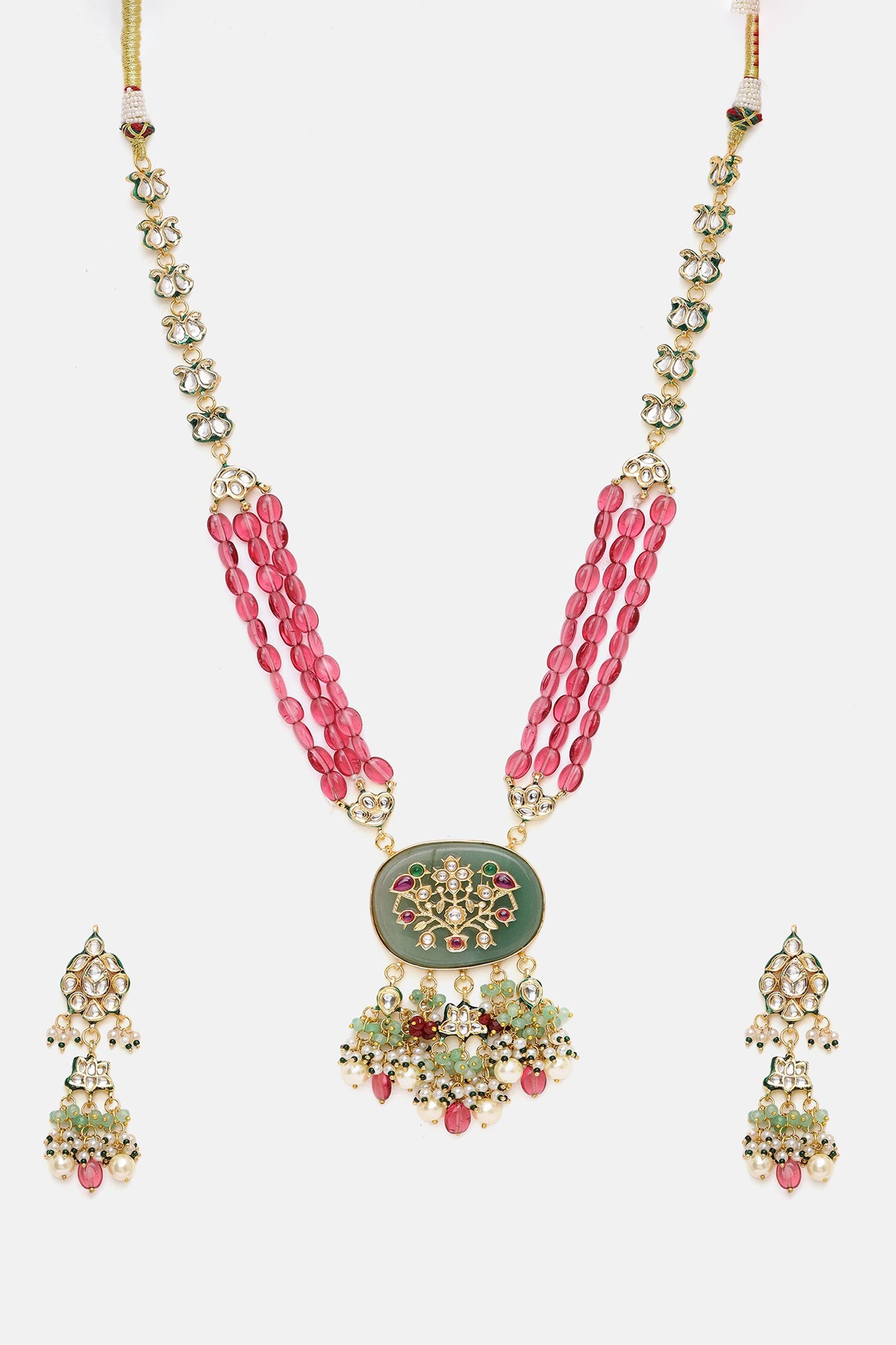 Long Multi Kundan Necklace With Earrings 