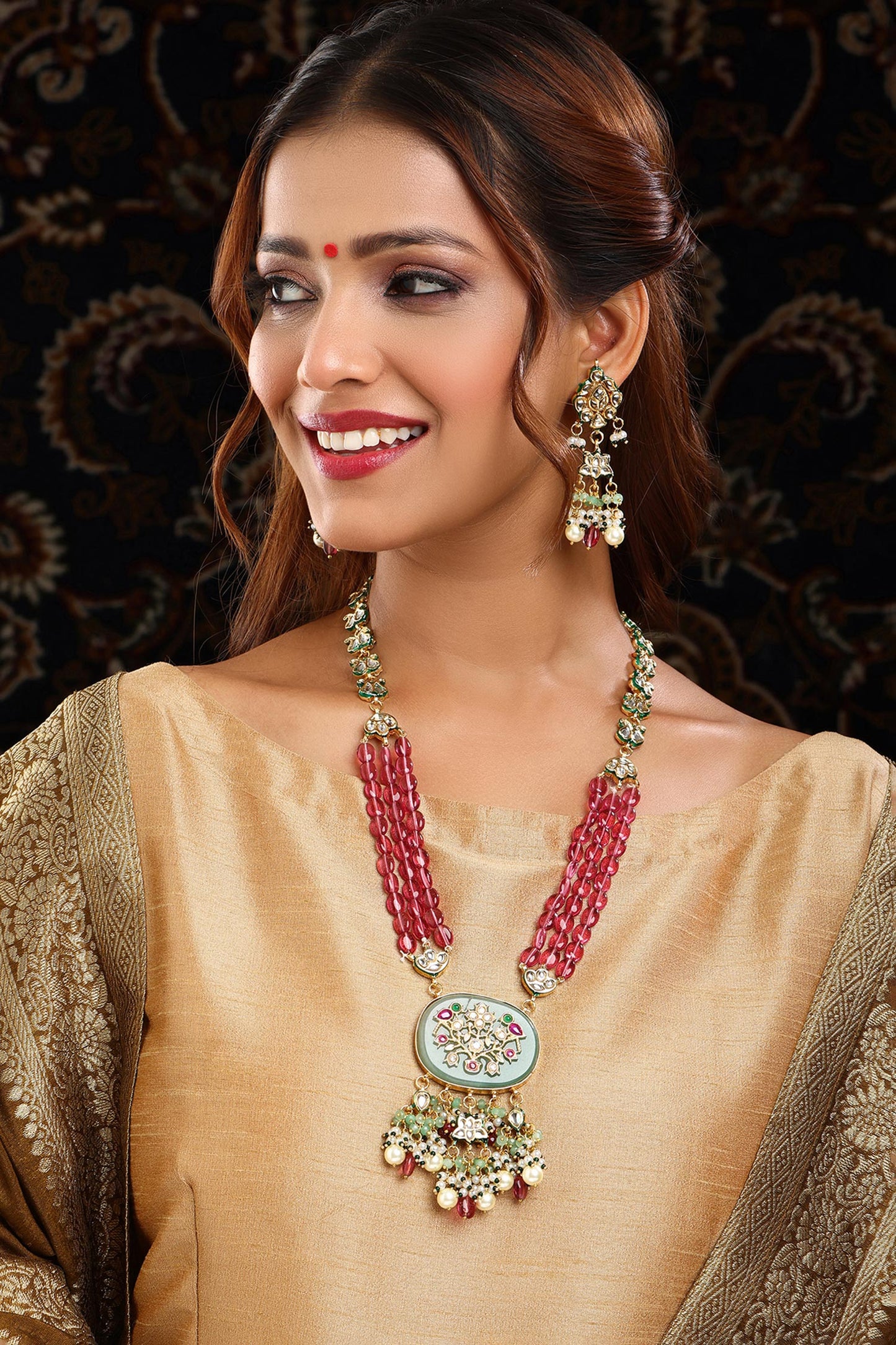 Long Multi Kundan Necklace With Earrings 