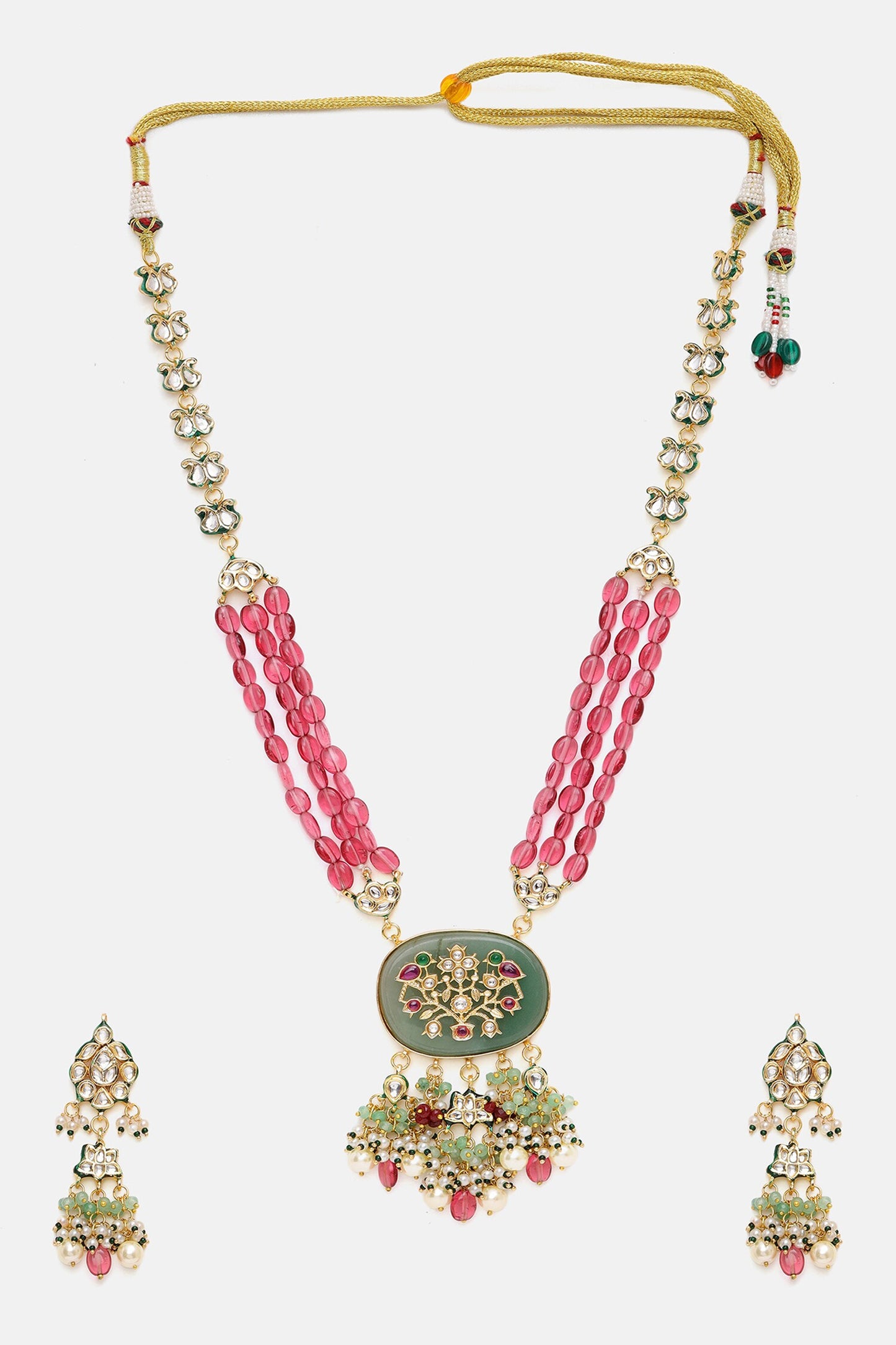 Long Multi Kundan Necklace With Earrings 
