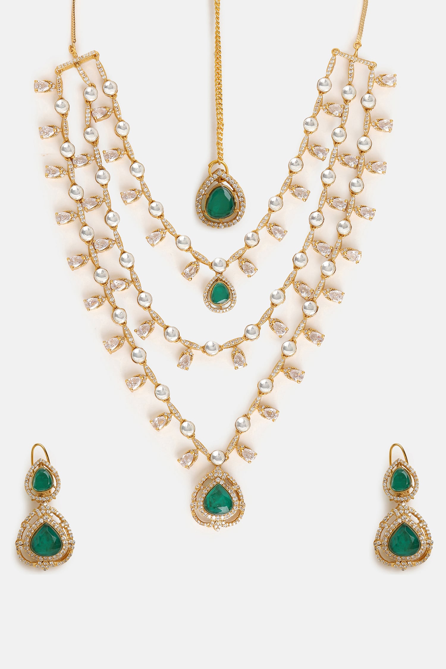 Layered Kundan & Emerald Necklace Set 