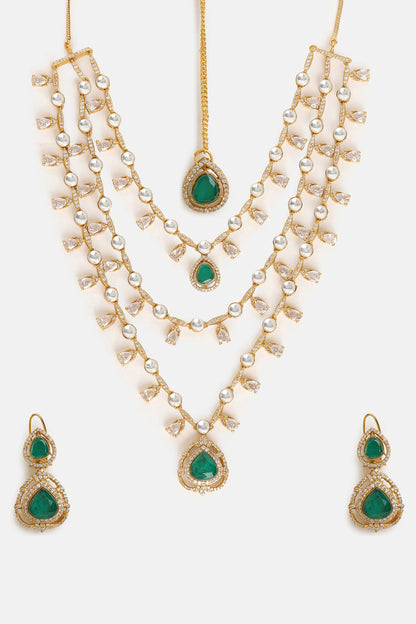 Layered Kundan & Emerald Necklace Set 