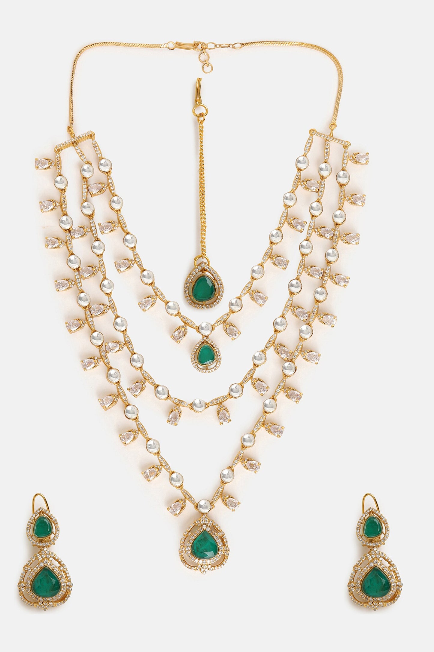 Layered Kundan & Emerald Necklace Set 