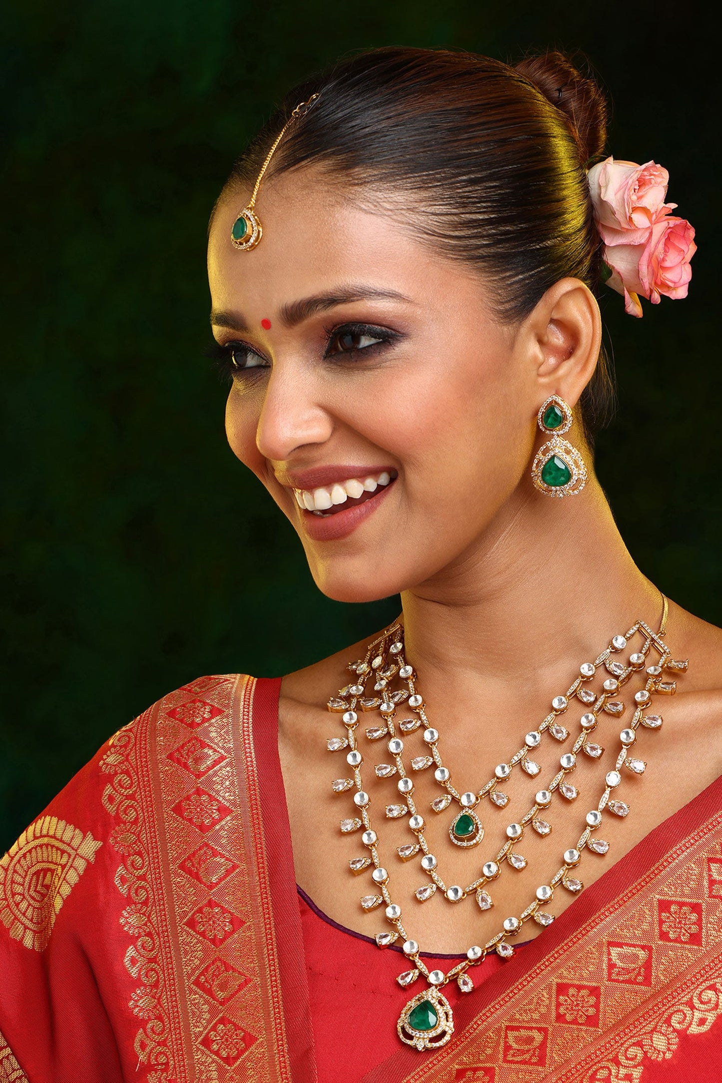 Layered Kundan & Emerald Necklace Set 