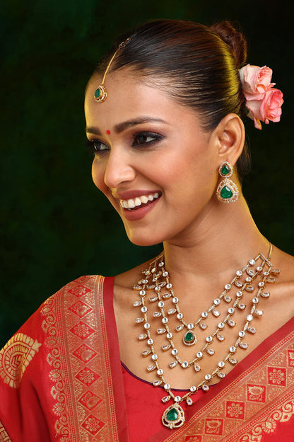 Layered Kundan & Emerald Necklace Set 