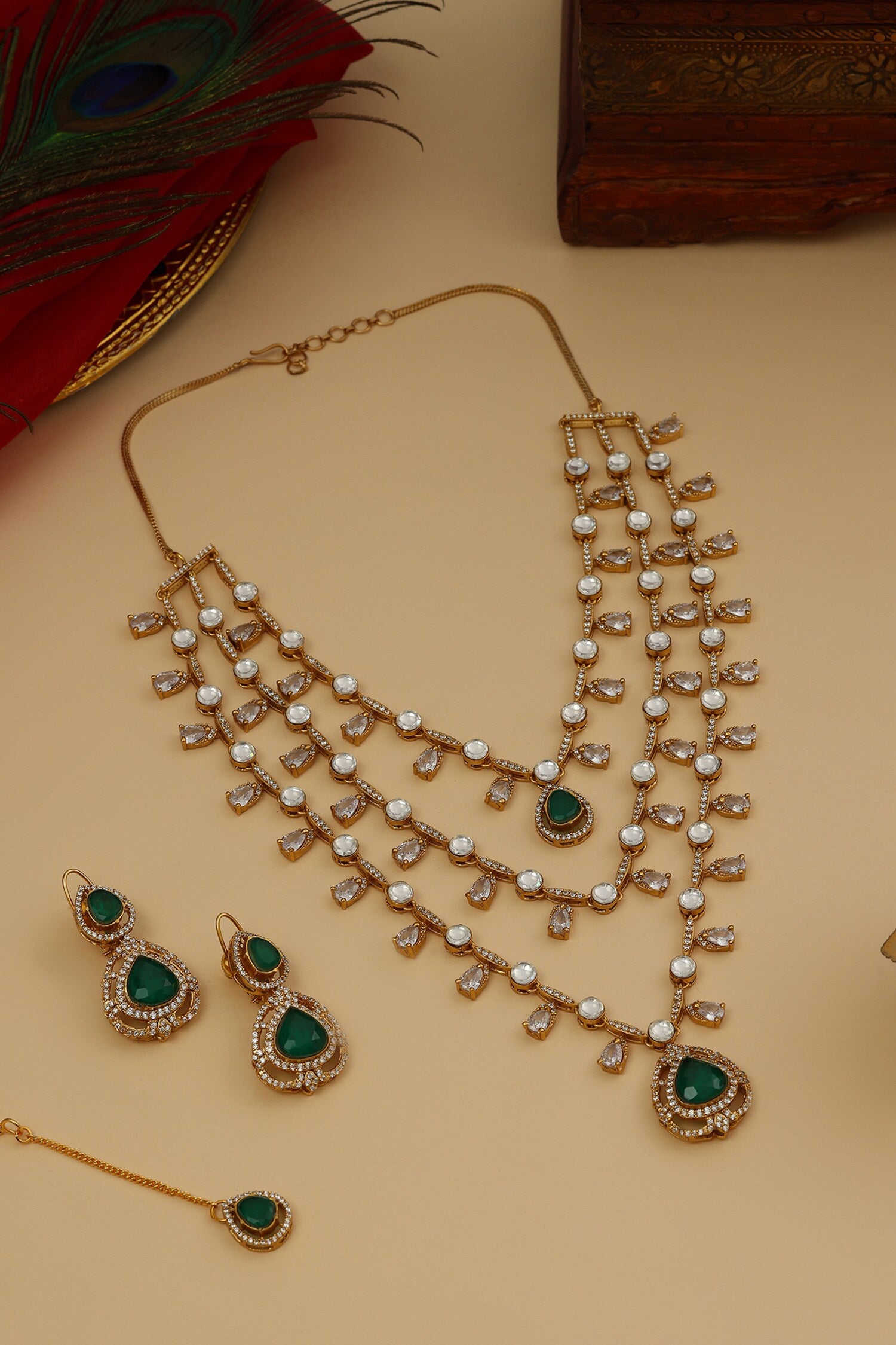 Layered Kundan & Emerald Necklace Set 
