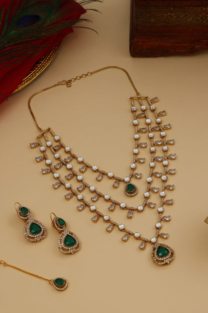 Layered Kundan & Emerald Necklace Set 