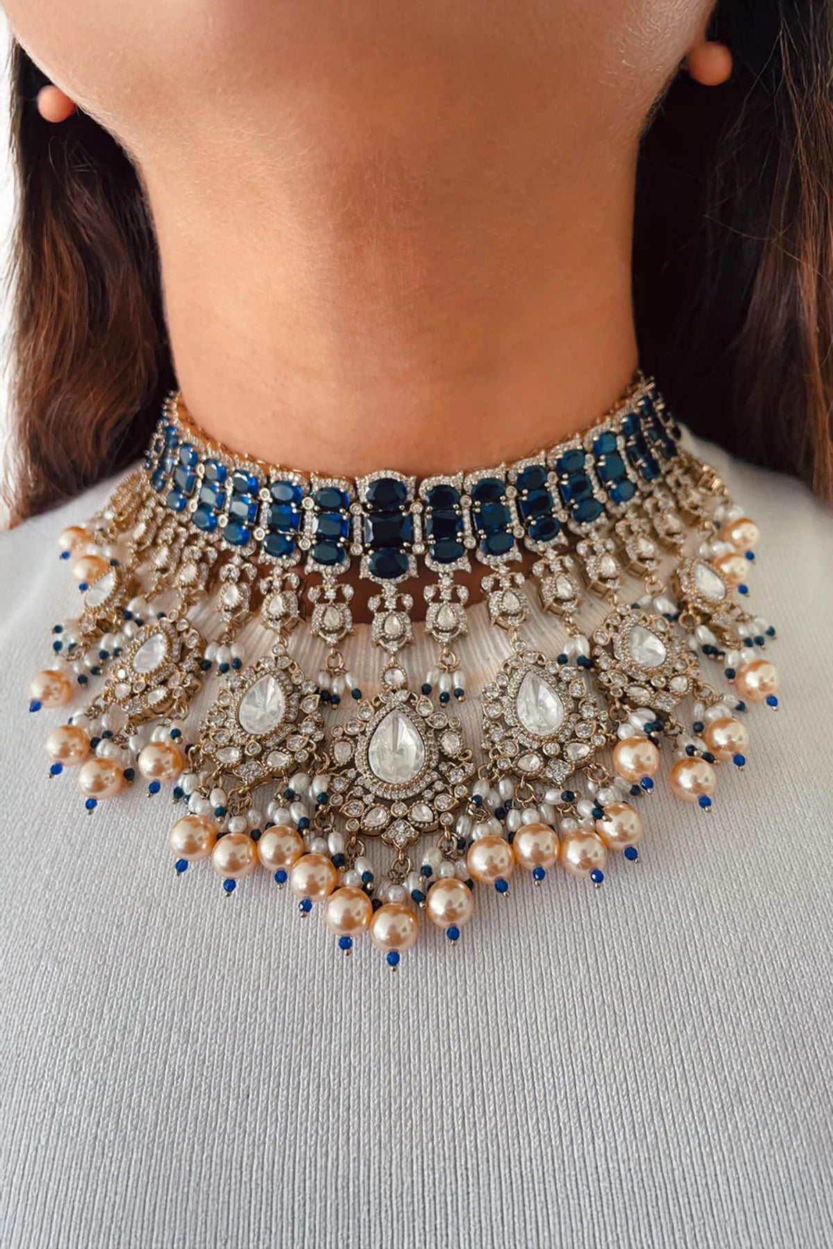 Meetu Sapphire Pearls & Polki Necklace Set 