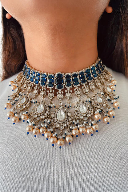 Meetu Sapphire Pearls & Polki Necklace Set 