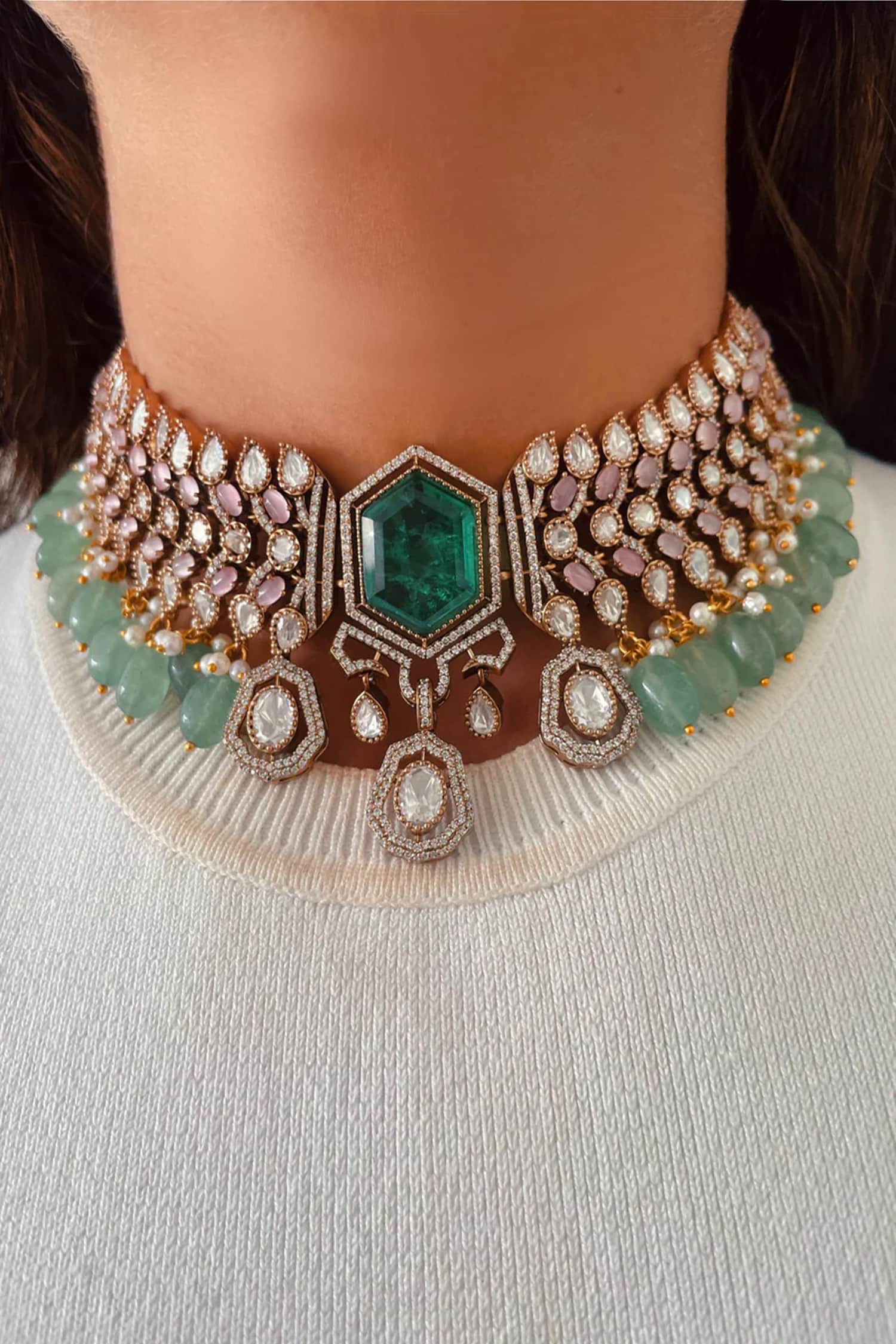 Emerald Hexagon Doublet & Polki Necklace Set 