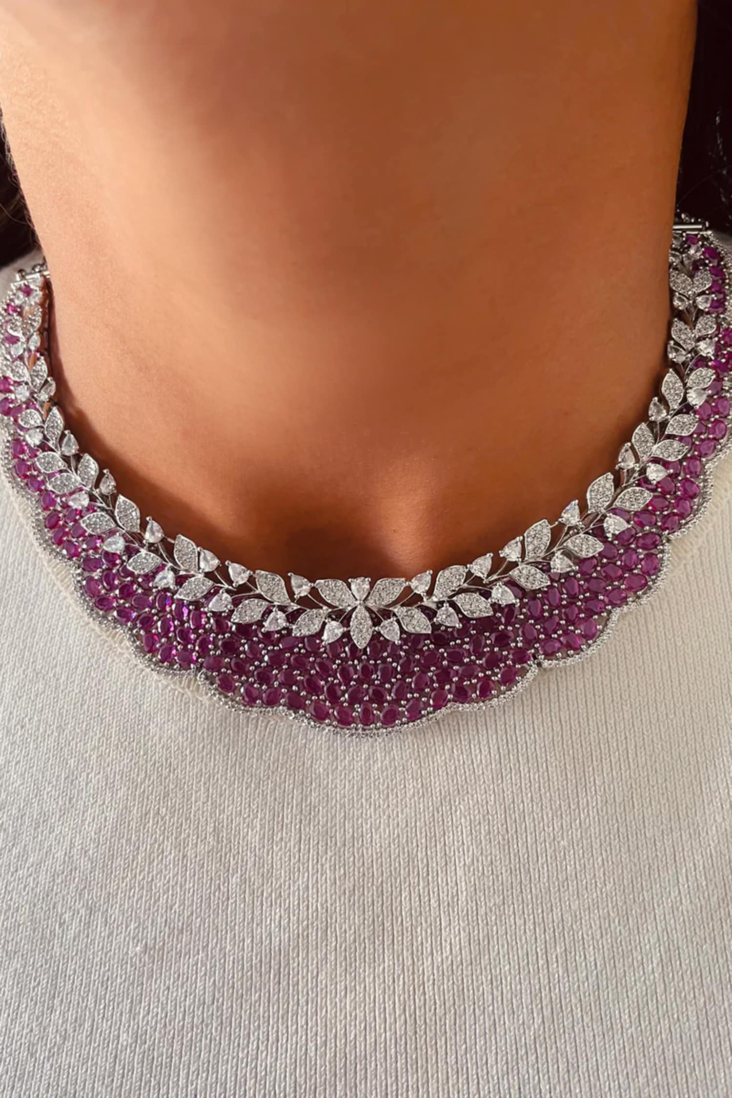 Ruby Stones Inlayed & Floral Necklace Set 