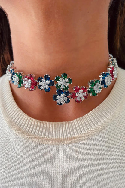 Floral Imitation Diamond Studded Necklace Set 