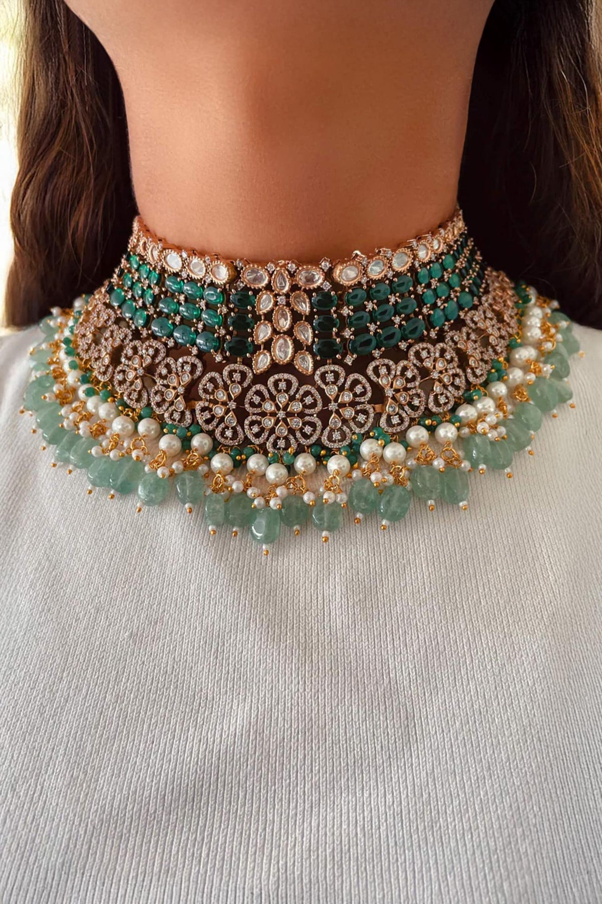Jahanara Emerald & Polki Necklace Set 