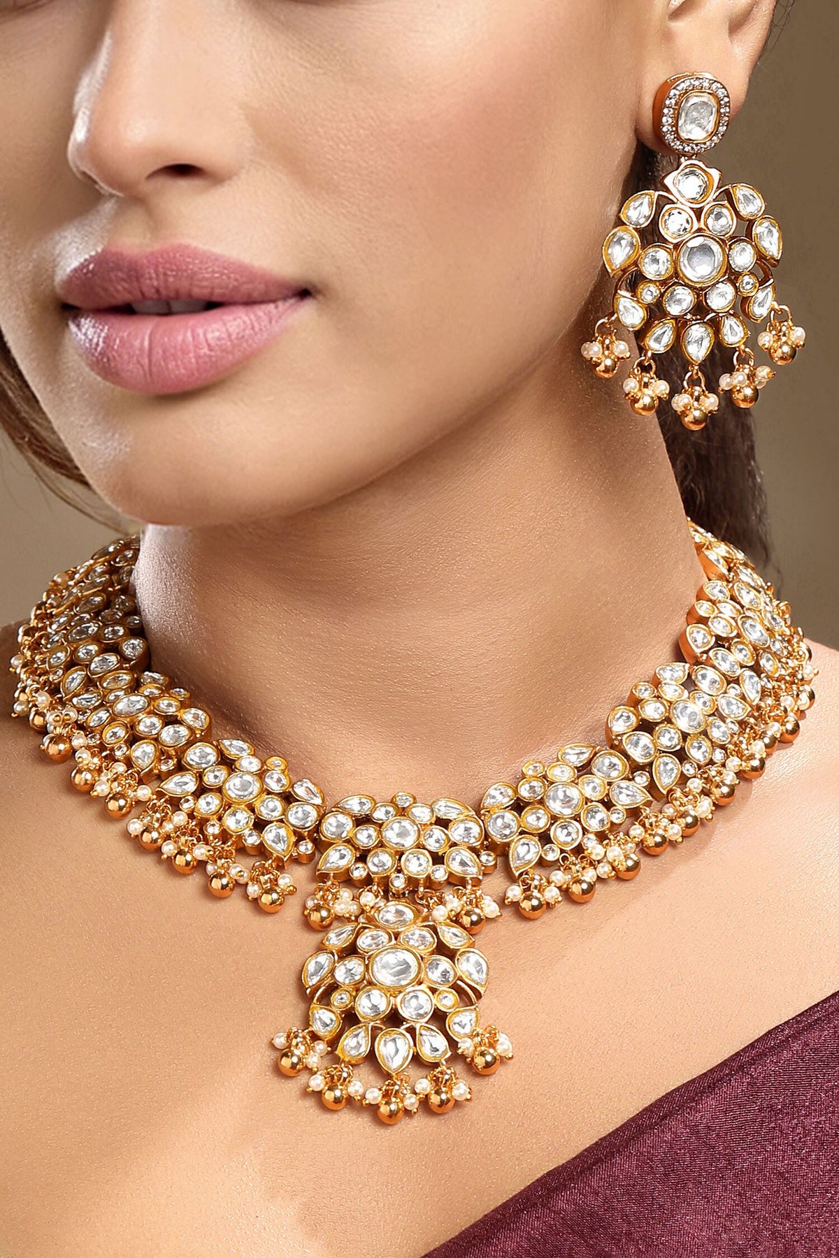 Moissanite Kundan Polki & Pearl Necklace Set 