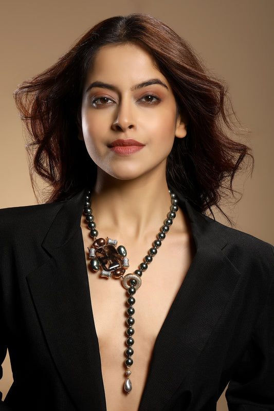 Shell Pearl & Stone Embellished Long Necklace 