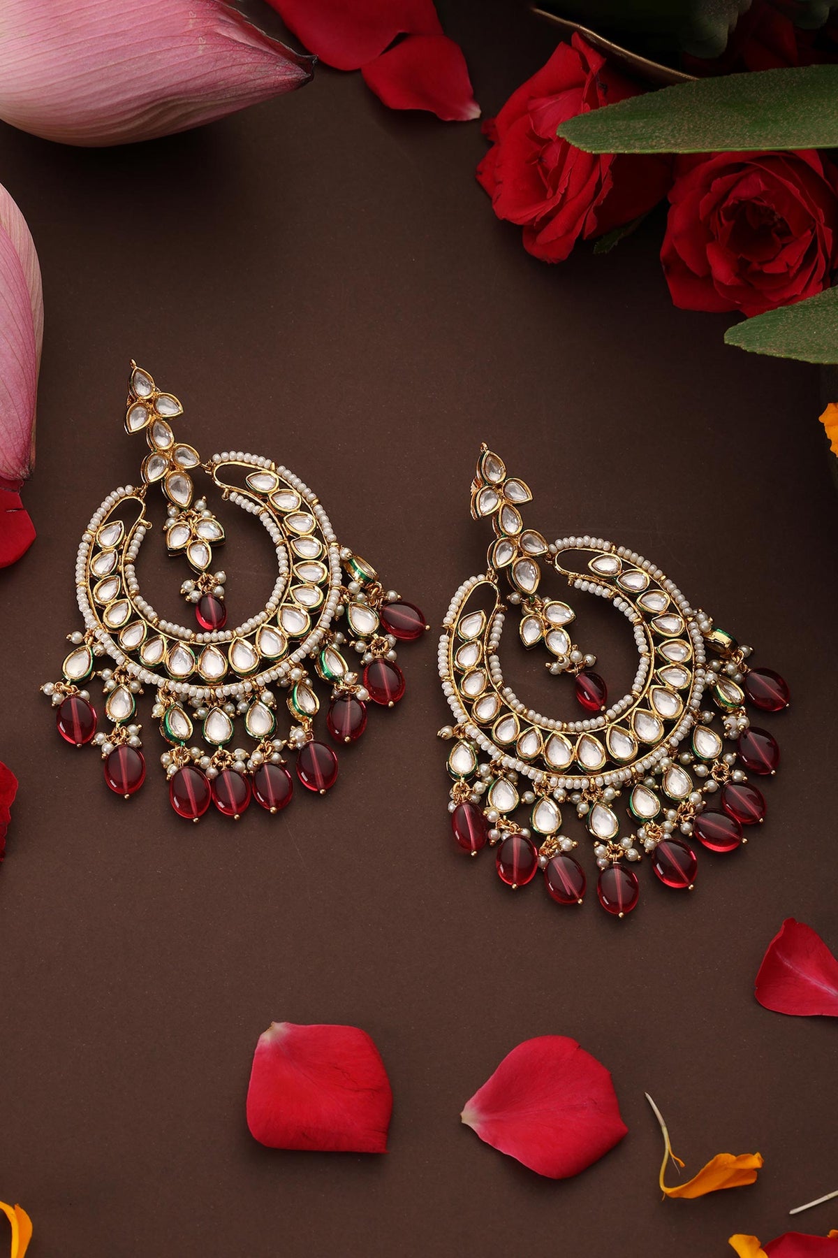 Kundan & Ruby Drop Chandbali Earrings 