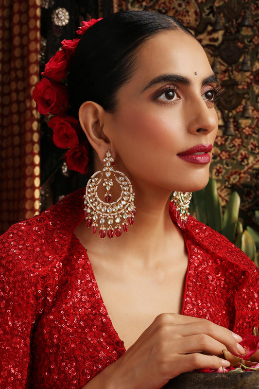 Kundan & Ruby Drop Chandbali Earrings 