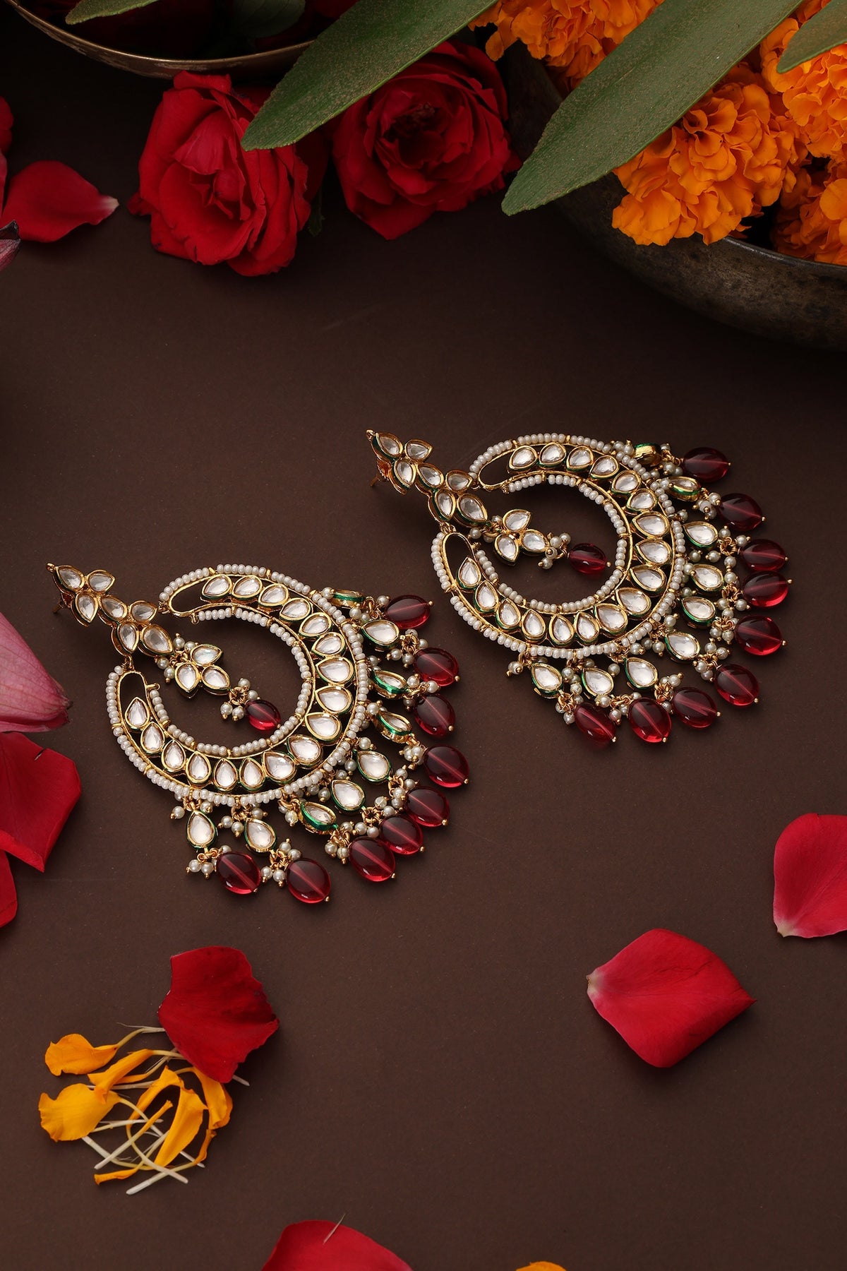 Kundan & Ruby Drop Chandbali Earrings 