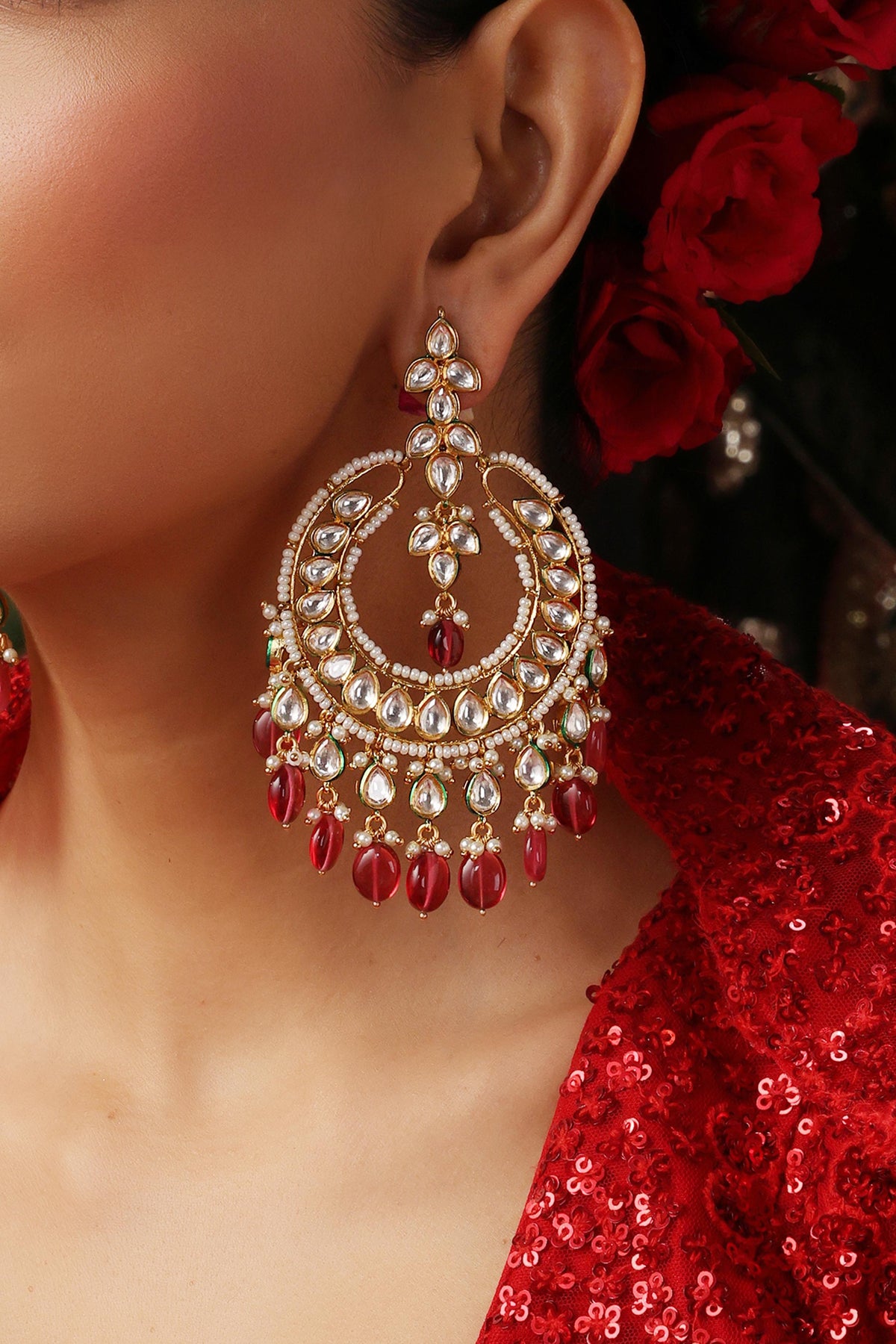 Kundan & Ruby Drop Chandbali Earrings 