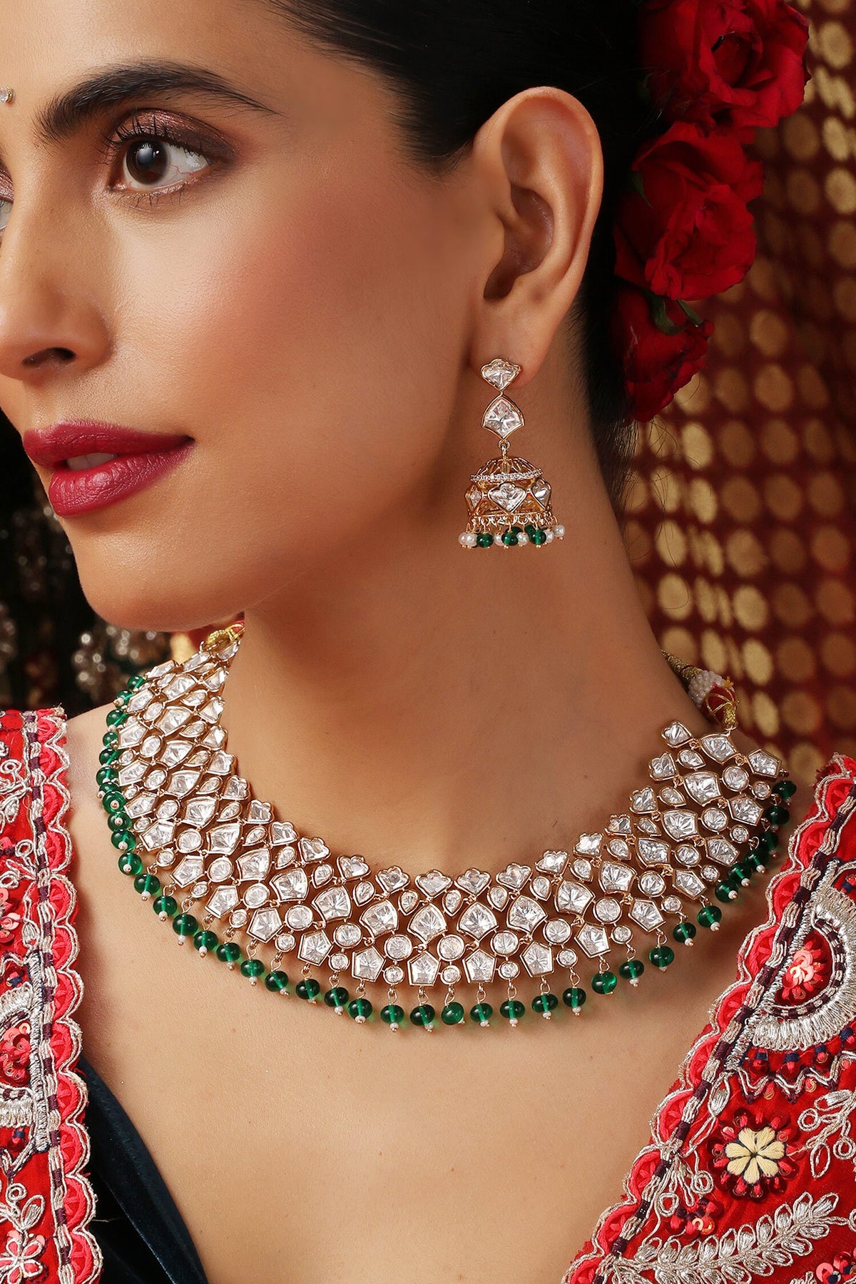 Kundan & Emerald Beaded Necklace Set 