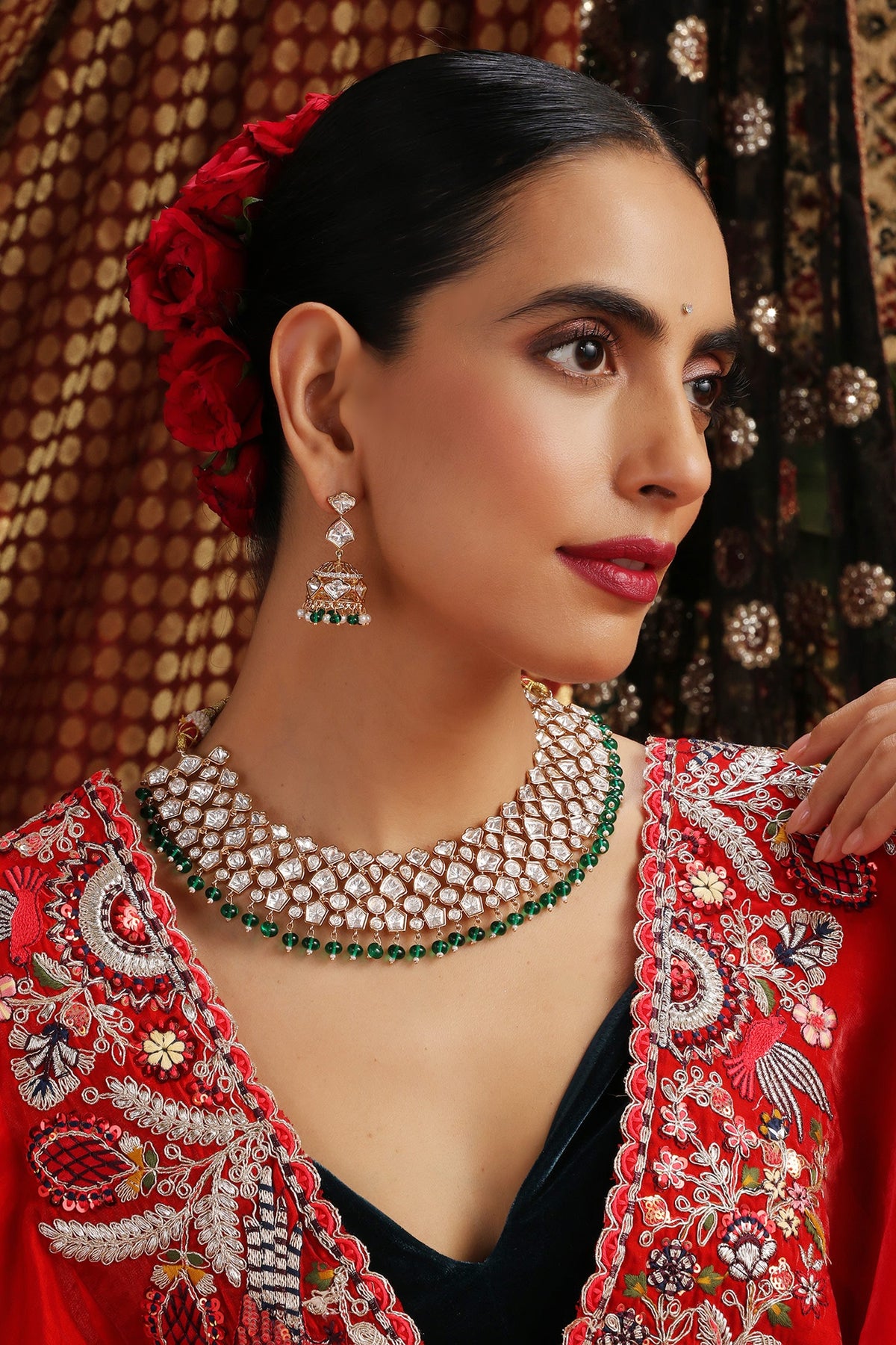 Kundan & Emerald Beaded Necklace Set 