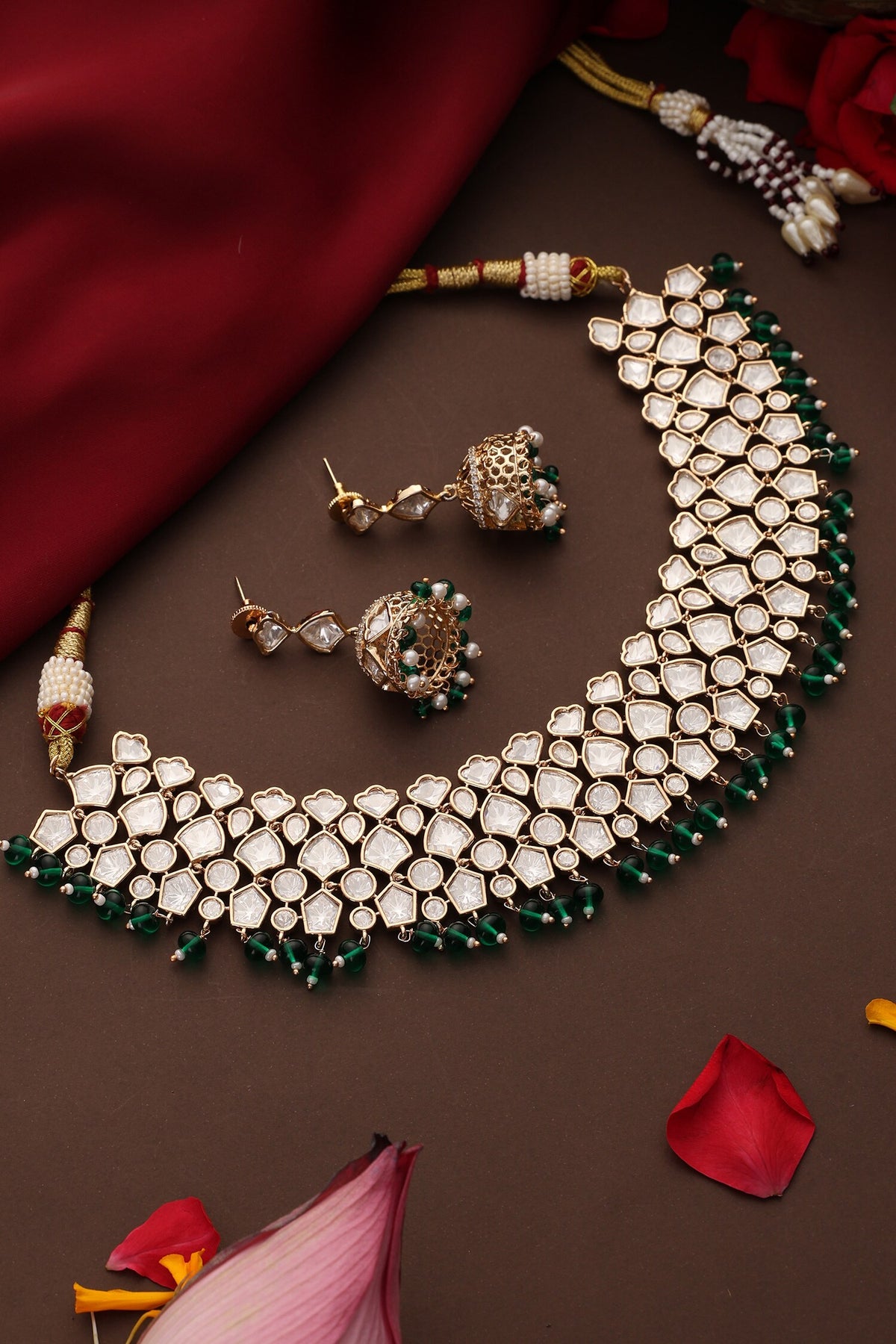 Kundan & Emerald Beaded Necklace Set 