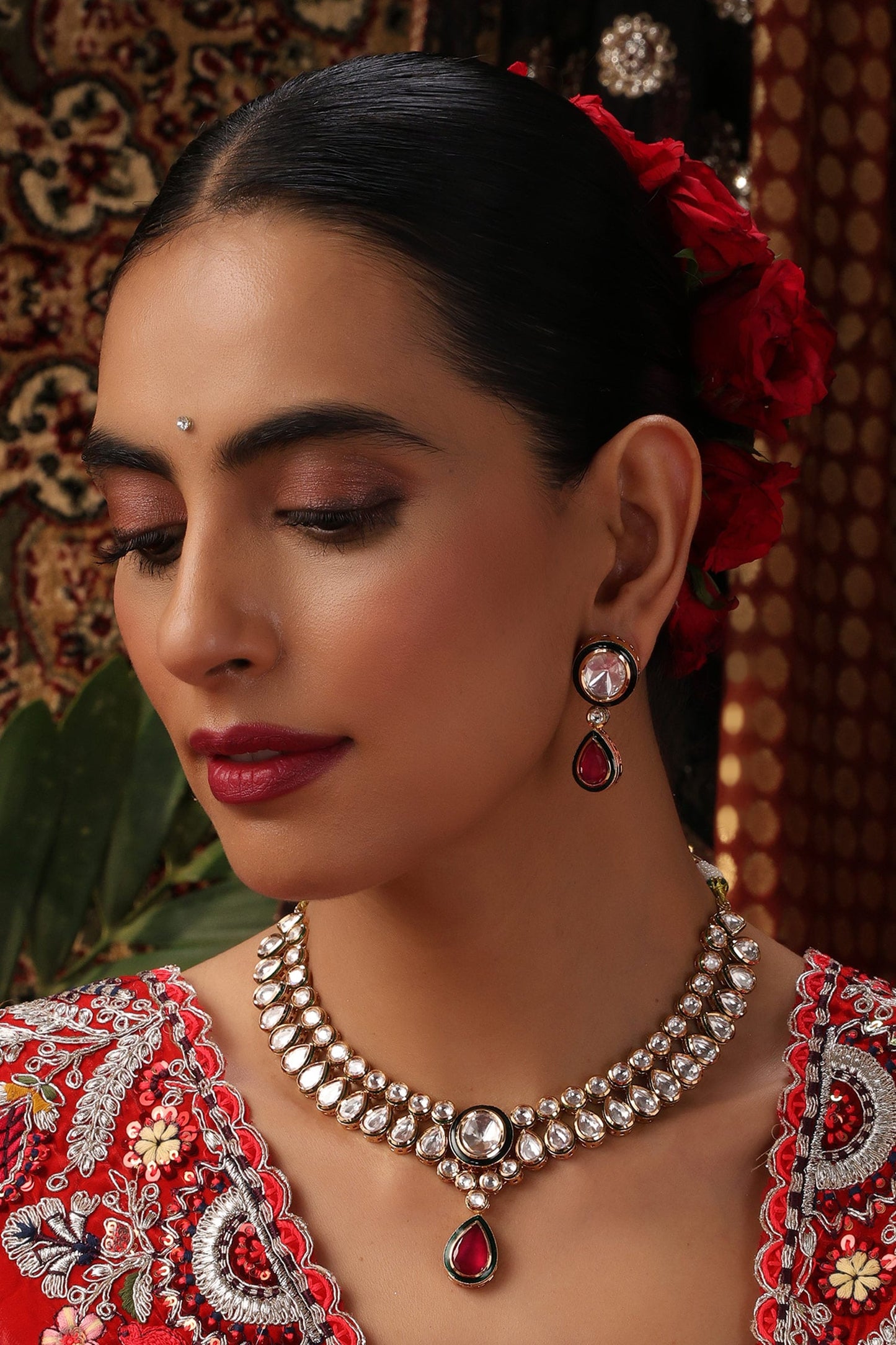 Kundan & Ruby Teardrop Necklace Set 