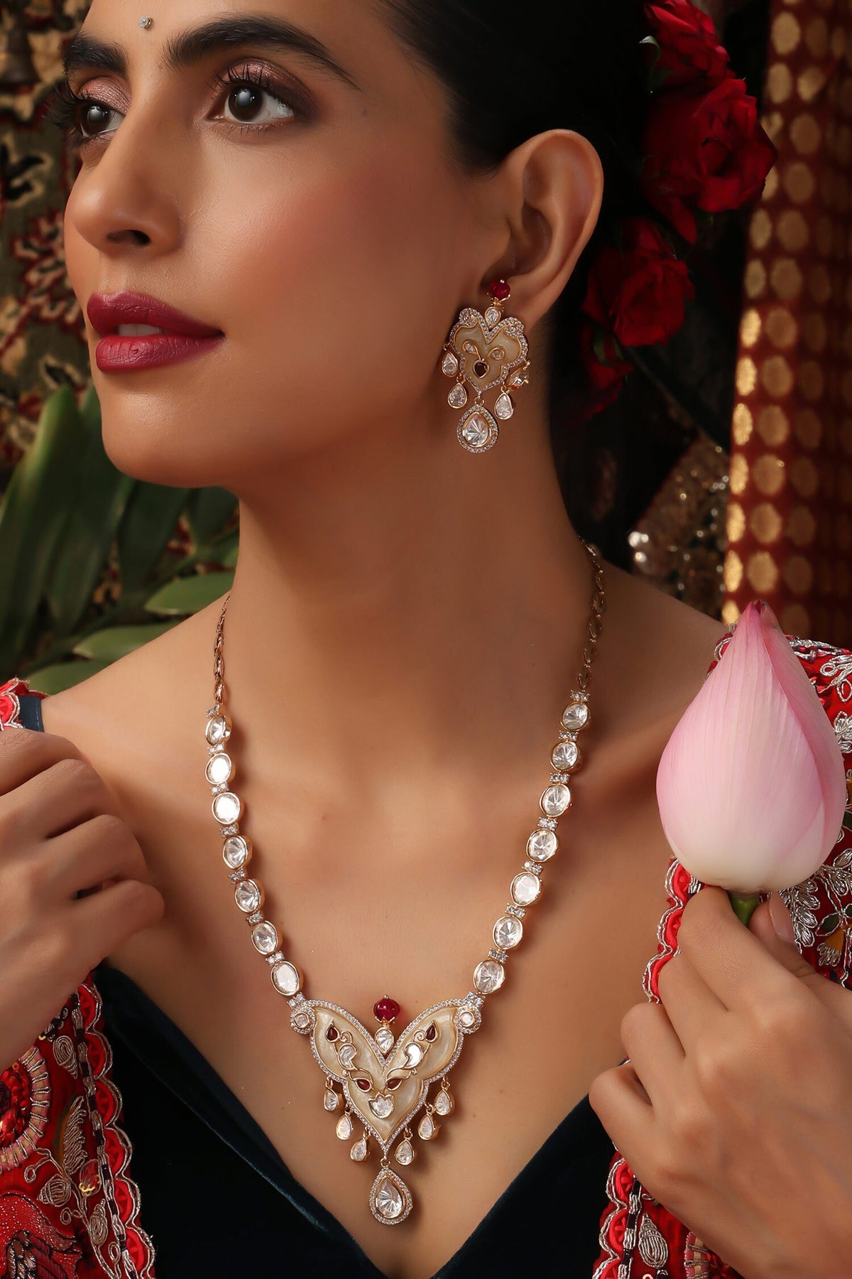 Kundan & Ruby Embellished Necklace Set 