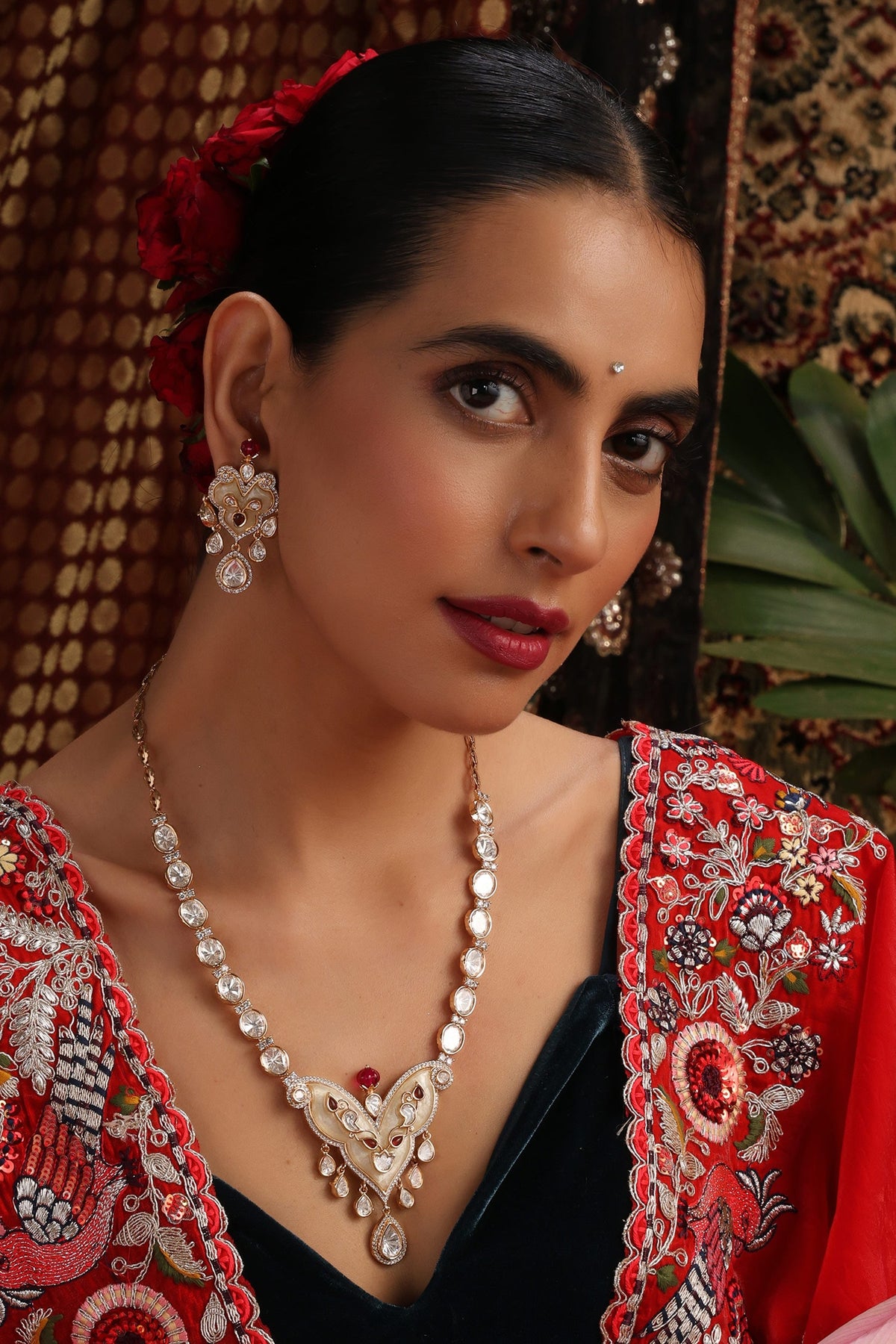 Kundan & Ruby Embellished Necklace Set 
