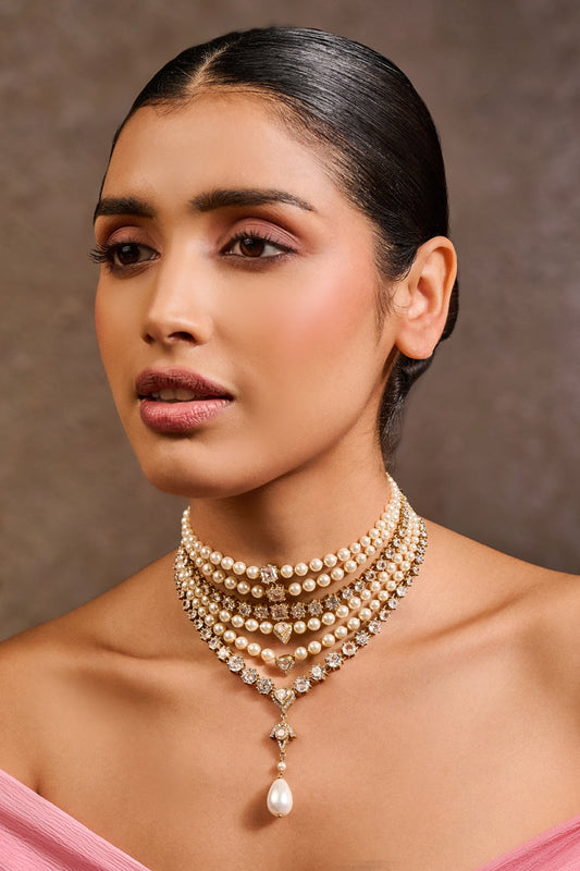 Pearl & Zircon Multi Layered Choker Necklace 