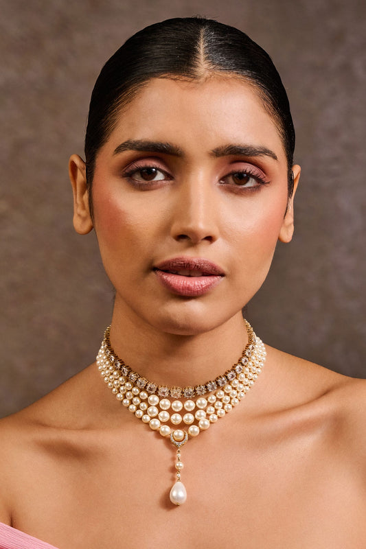 Pearl & Zircon Multi Layered Choker Necklace 