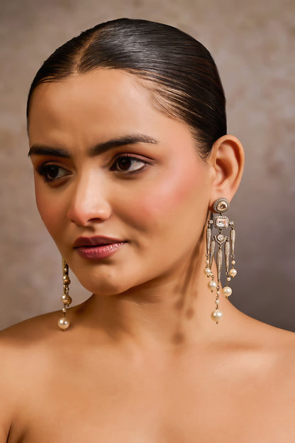 Sleek Pave Shaped Embellished Long Earrings 