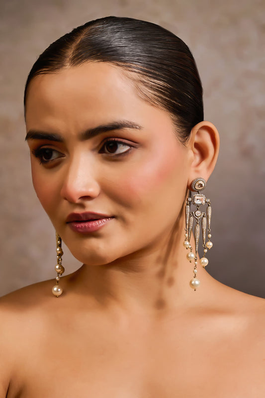 Sleek Pave Shaped Embellished Long Earrings 