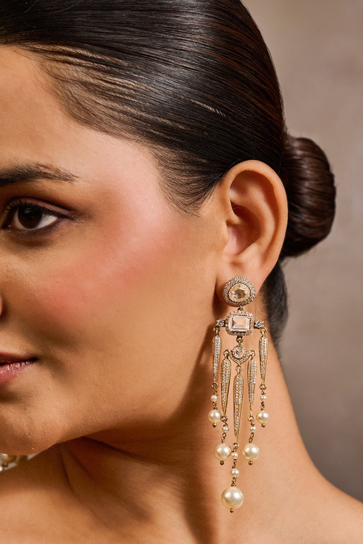 Sleek Pave Shaped Embellished Long Earrings 
