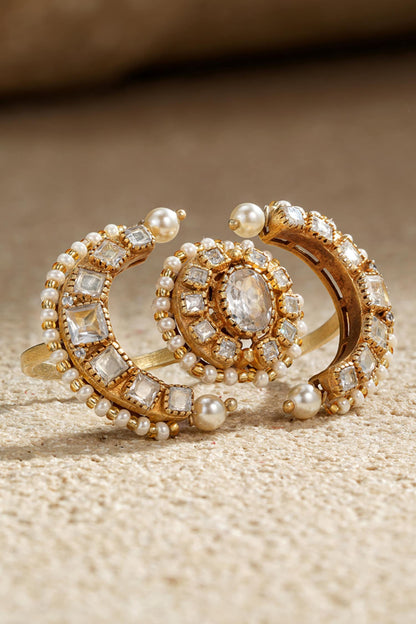 Crescent Studded Double Finger Ring 