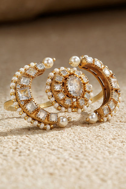 Crescent Studded Double Finger Ring 