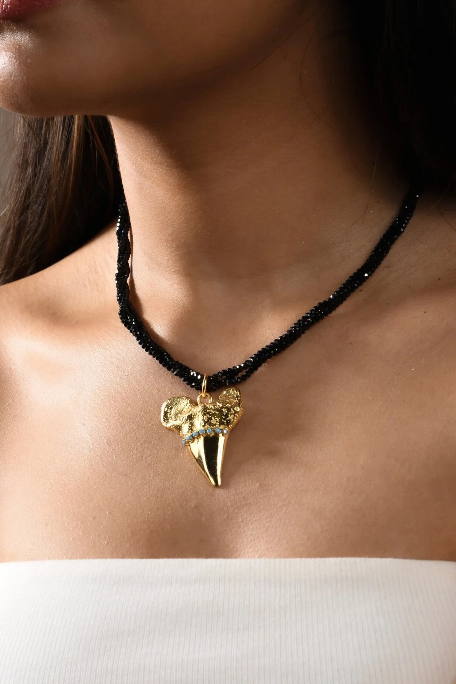 Shark Fang Pendant Beaded Chain Necklace 