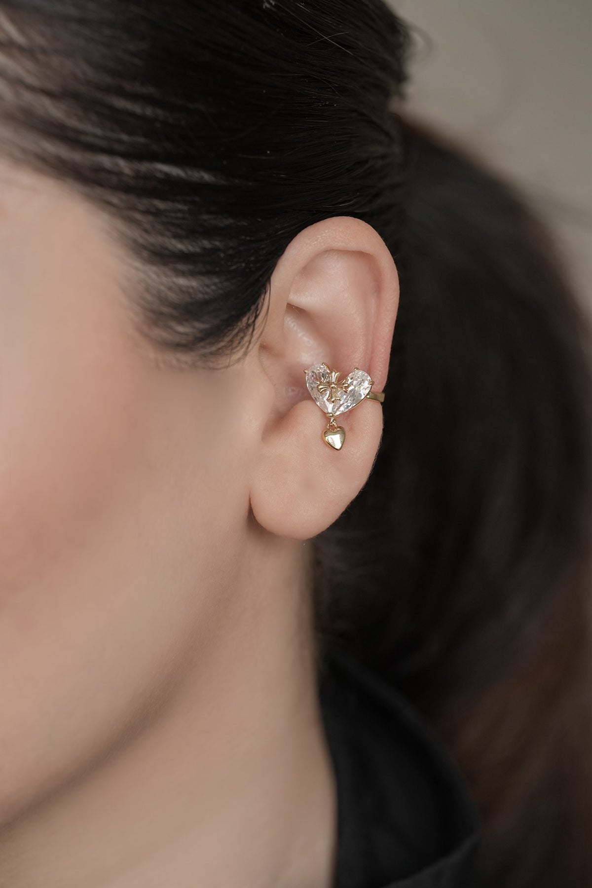 Cubic Zirconia Heart Drop Ear Cuff 