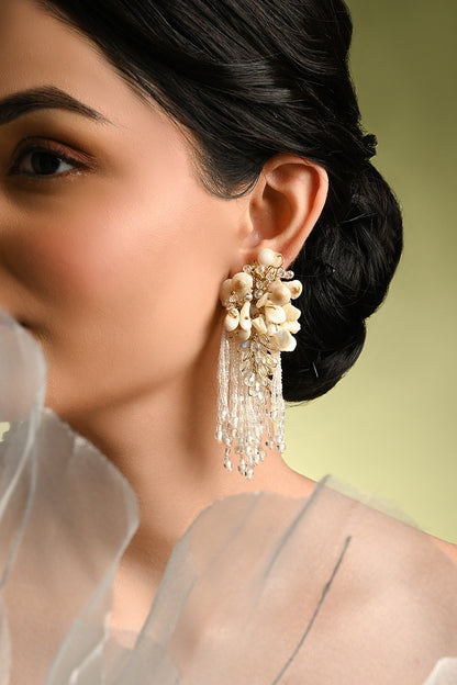 White Floral Long Earrings 