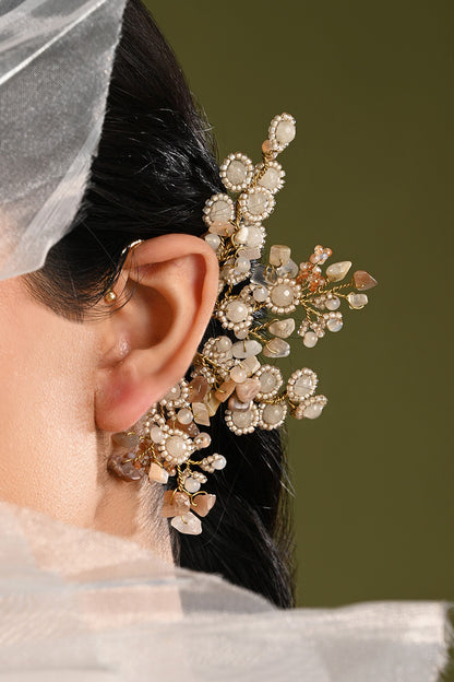 Beige & Gold Floral Embellished Earcuff 