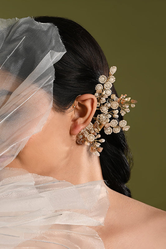 Beige & Gold Floral Embellished Earcuff 
