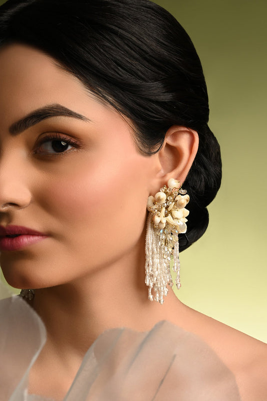 White Floral Long Earrings 