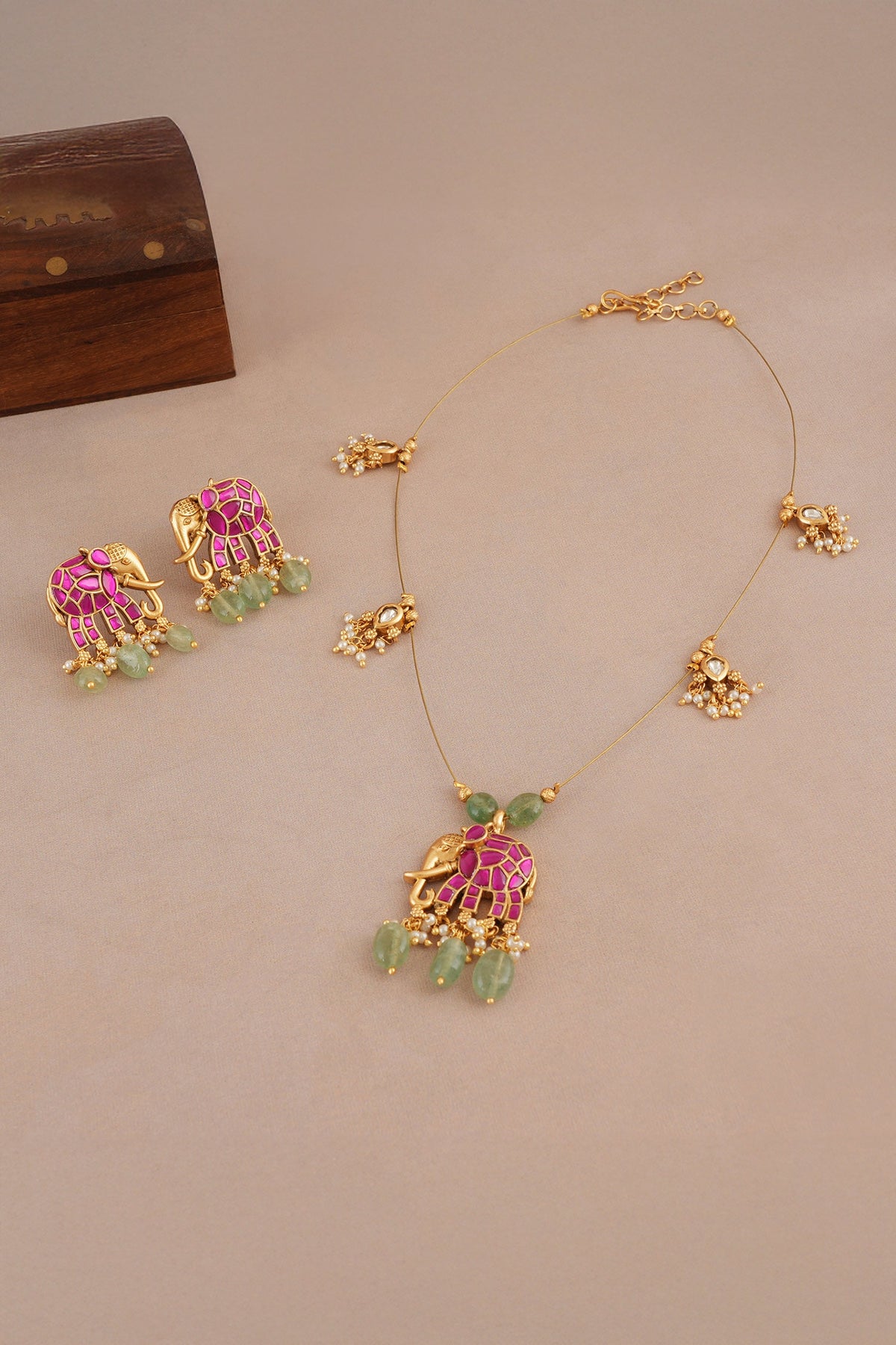 Stone Embellished Elephant Pendant Necklace Set 