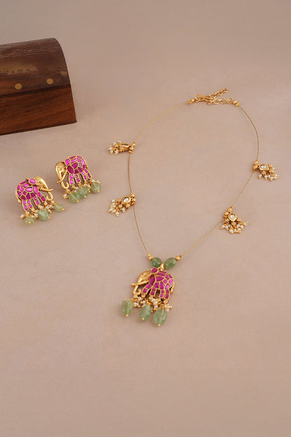 Stone Embellished Elephant Pendant Necklace Set 