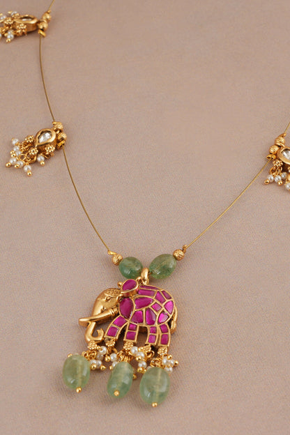Stone Embellished Elephant Pendant Necklace Set 