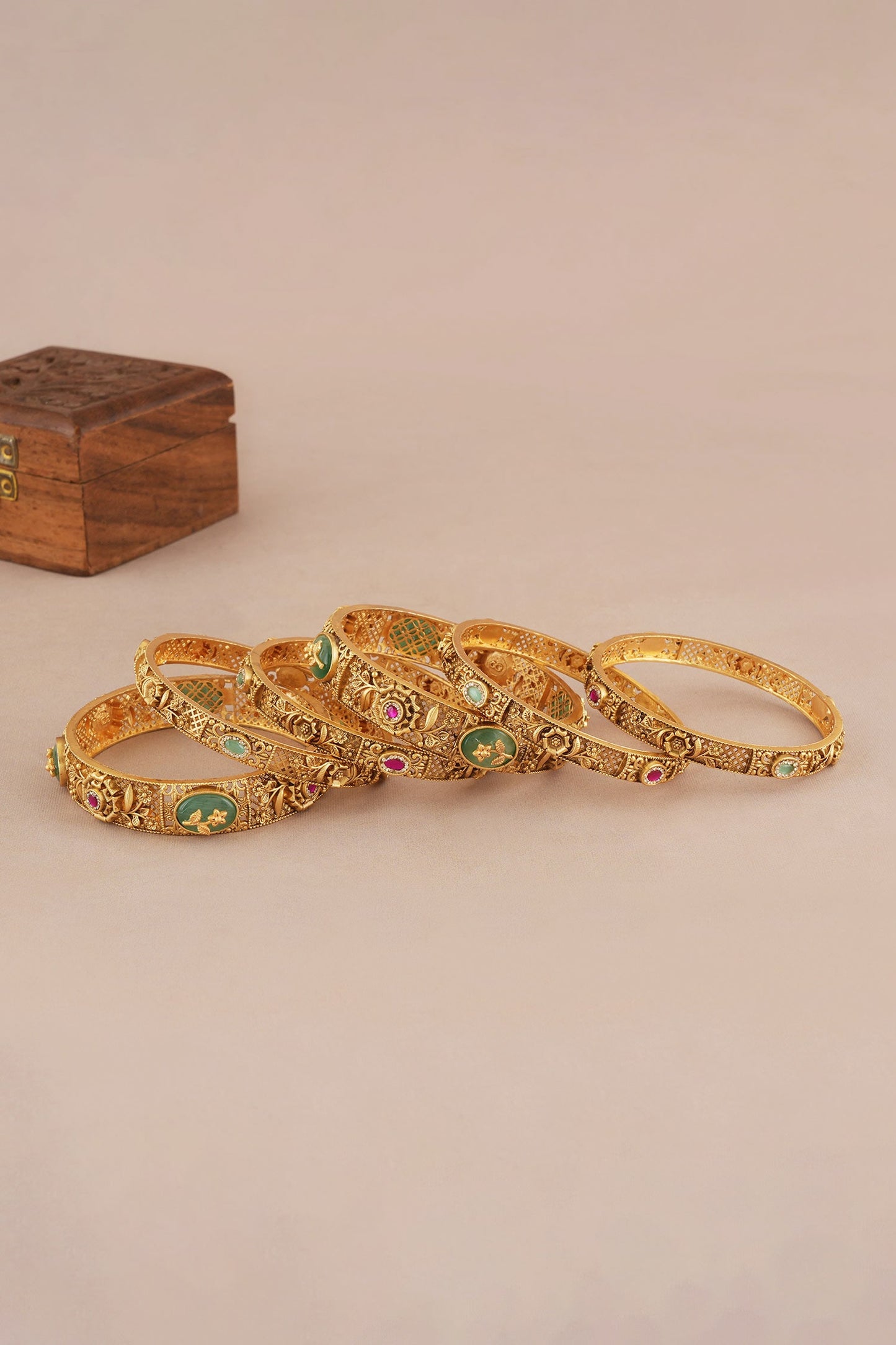 Antique Floral Carved Embellished Bangles - Set of 6 